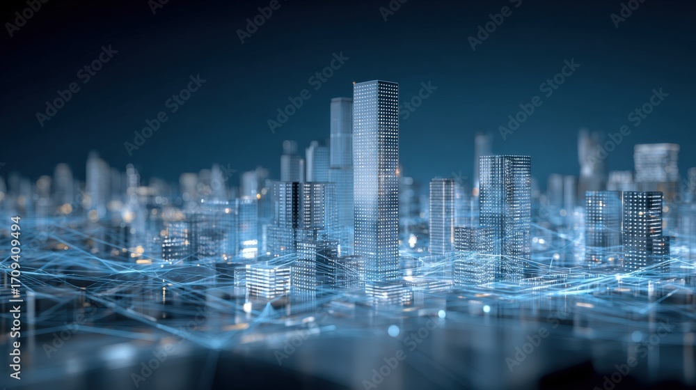 Fototapeta premium Futuristic Cityscape Illustration with Data Connections, Emphasizing Modern Urban Technology and Network Communication, Business solutions