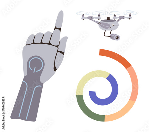 Robotic hand pointing up, surveillance quadcopter in flight, and multicolored spiral graph. Ideal for innovation, artificial intelligence, technology, automation, robotics analytics and futurism