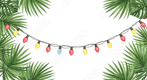 Art & IllustrationTropical background with palm leaves, colorful string lights, festive summer vibe, party decoration, exotic jungle design, holiday celebration concept