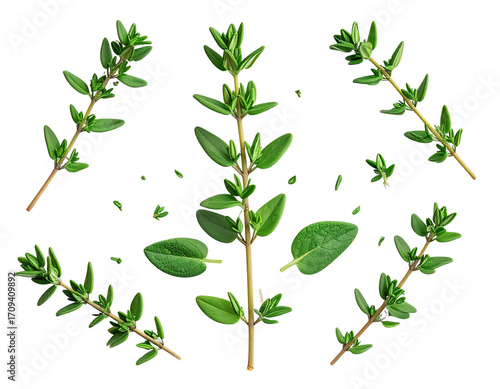 Loose Thyme Sprigs Scattered Randomly, Overhead Composition, Isolated PNG