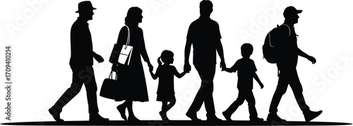 Silhouette illustration of a family walking together with parents and children on a white background