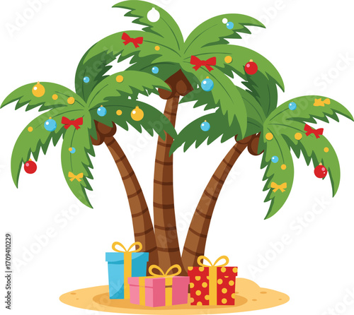 Art & IllustrationTropical Christmas palm trees decorated with ornaments, bows, and gifts on beach, festive holiday celebration, coastal Xmas theme illustration