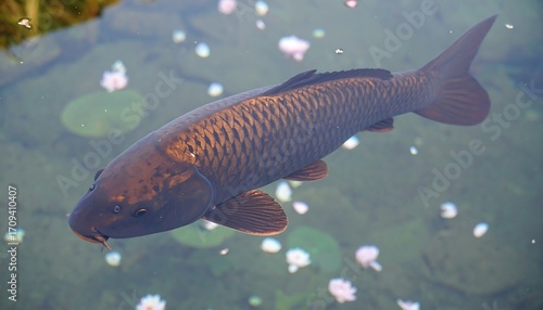 Carp swimming in a pond with flowers