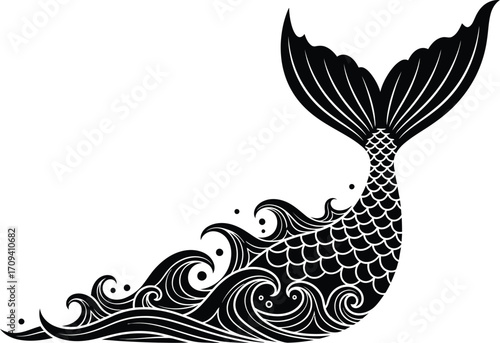 A black and white illustration of a mermaid tail with scales and flowing waves design on a white background