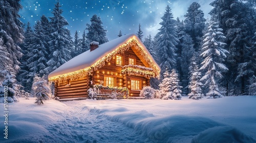 Wallpaper Mural A wooden cabin, covered in a thick layer of snow, sits in the winter forest. Christmas lights are shimmering brightly along the cabin's roofline, creating a magical atmosphere. Torontodigital.ca