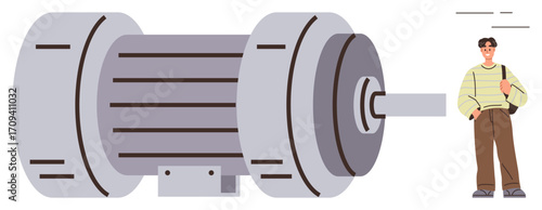 Industrial electric motor with visible coil detailing and shaft, placed next to a man holding a bag. Ideal for engineering, machinery, science, technology, manufacturing, innovation, scale
