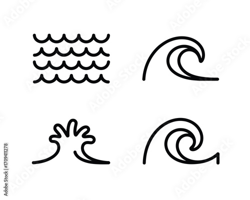 Four black line art wave icons on white water ocean