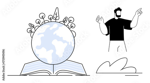 Open book supporting a globe with sprouting plants alongside a person gesturing. Ideal for education, sustainability, nature, global awareness, environmental protection, personal growth, simple flat