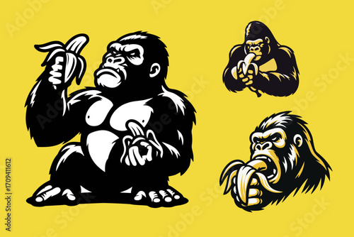 This is a vector image of a gorilla eating a banana, suitable for use in logo designs for pharmaceutical, food, warehouse, t-shirt, textile, wallpaper, banner, poster, sticker, expedition, children's 