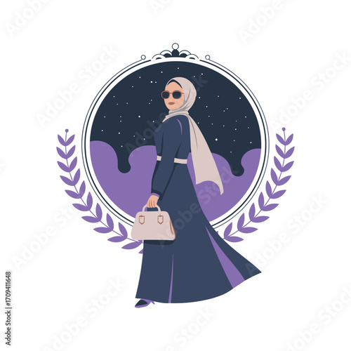 Elegant Muslim Woman Illustration – Hijab Fashion with Modern Abaya and Night Sky Background