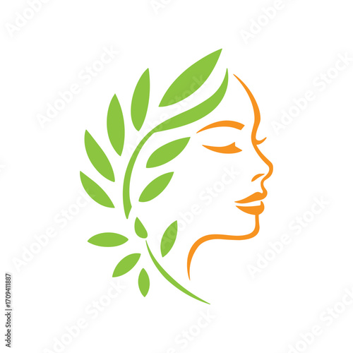 Nature Beauty Face Logo – Elegant Female Silhouette with Leaf Hair Design