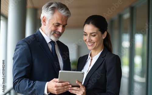 Team of mature senior leader man in suit and young employee woman discussing project on tablet standing in office. Two colleagues of professional business people looking at screen device. Vertical