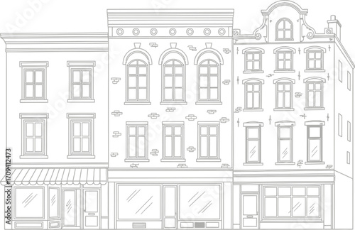 A line drawing of three buildings with different architectural styles and window arrangements on each building