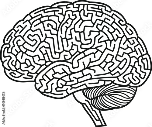 A black and white illustration of a human brain shaped like a maze on a solid white background plain view