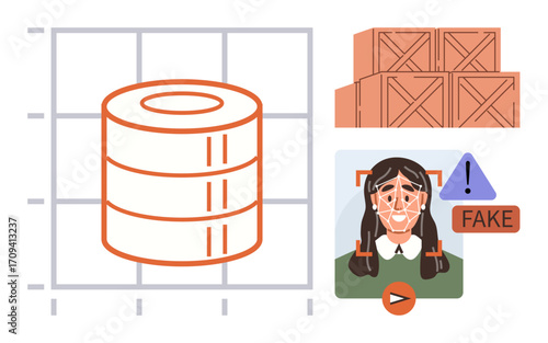 Stack of data charts, AI face recognition marking Fake, and storage boxes. Ideal for fraud detection, technology, logistics, supply analysis, cybersecurity, AI-driven industries digital systems