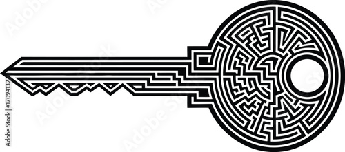 A stylized key with a maze design on the head isolated against a plain white background in black and white