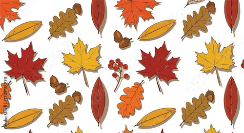Autumn Leaves Pattern: Fall Foliage Background with Maple, Oak Leaves, Acorns, and Berries in a Hand-Drawn Style for Seasonal Designs