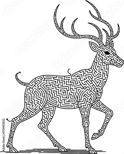 A black and white illustration of a deer whose body is designed as a complex maze on a white background