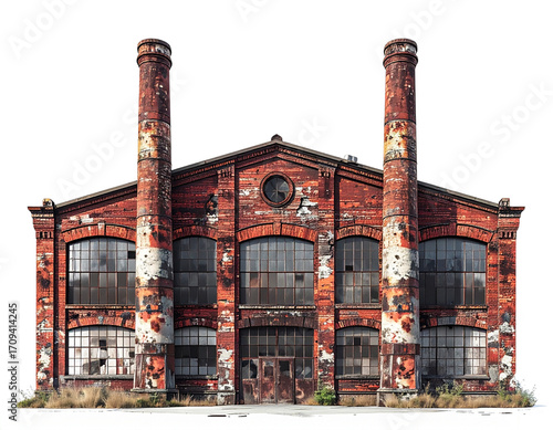 Abandoned Brick Factory with Tall Smokestacks, Front View, Isolated
