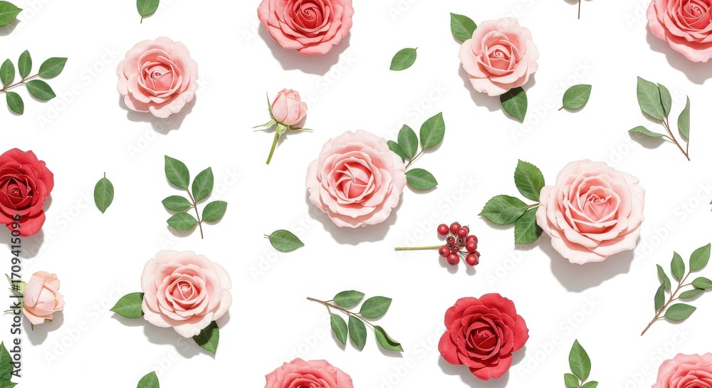 Naklejka premium Roses and Leaves Pattern on White Background.