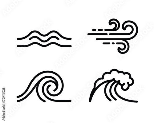 Four elemental icons representing water and wind waves weather