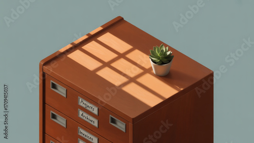Isometric filing cabinet with projects archives invoices and succulent plant illustration for office organization