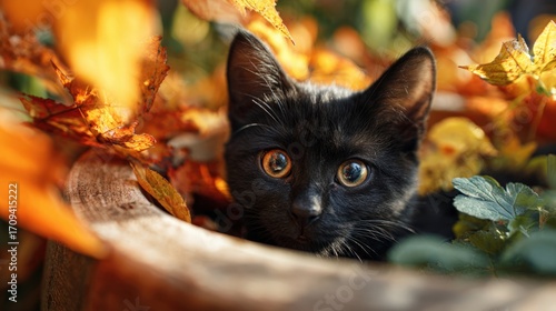 Black kitten peeks from vibrant autumn leaves curious pet hides in colorful fall foliage sunlight Small black cat hides among vibrant orange autumn leaves, golden eyes look directly at camera.