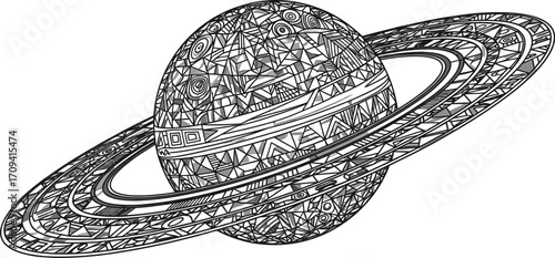 Stylized black and white drawing of a planet with rings decorated with geometric patterns and shapes