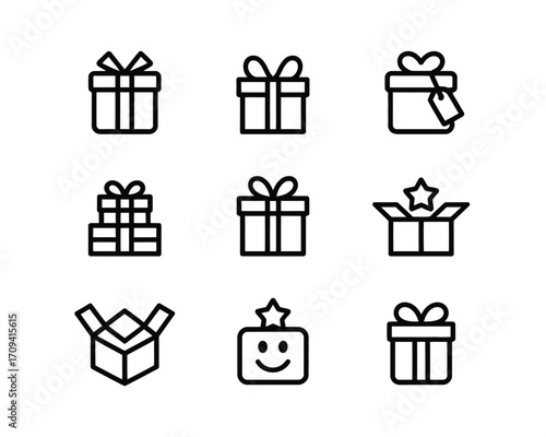 Gift box icons with ribbons and bows present line art