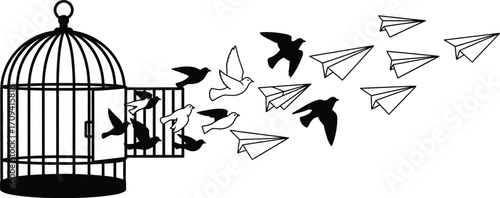 A black and white illustration of birds flying out of a birdcage with paper airplanes following them