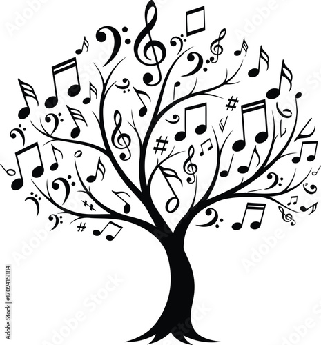 A stylized tree composed of black musical notes and symbols on a plain white background illustration