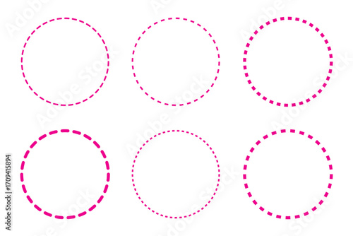 Round dotted circle set, dotted line circle frame, circle shapes with and dots and dashed lines