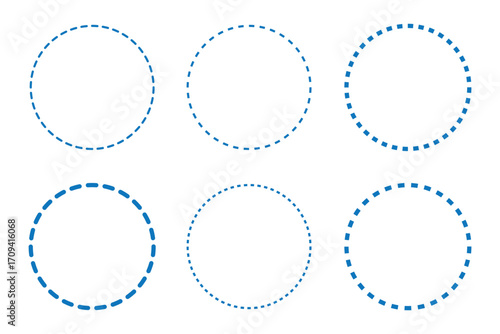 Round dotted circle set, dotted line circle frame, circle shapes with and dots and dashed lines