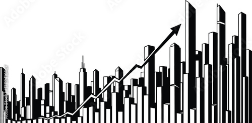 Black and white illustration of a cityscape with a rising arrow indicating growth and development trend