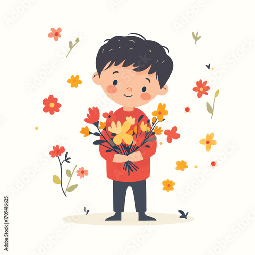 Young boy or girl holding drawn color bouquet of blossom flowers