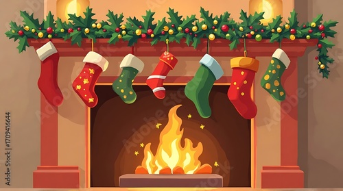 Decorated Fireplace with Hanging Stockings and Garland