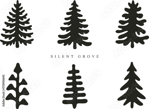 Minimalist tree silhouettes, abstract pine illustrations, black and white forest design, modern botanical decor, silent grove nature concept art.