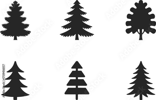 Minimalist tree silhouettes, abstract pine illustrations, black and white forest design, modern botanical decor, silent grove nature concept art.