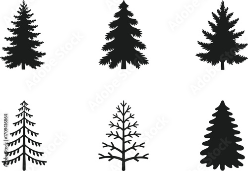 Minimalist tree silhouettes, abstract pine illustrations, black and white forest design, modern botanical decor, silent grove nature concept art.