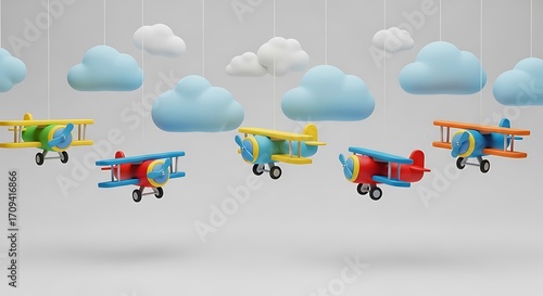 Colorful Toy Airplanes in Flight Above Clouds.