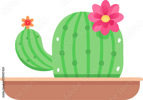 Round Vector Cactus with Pink Flowers in Pot