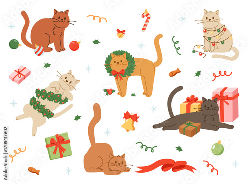 Collection of Cute Christmas Cats Characters.