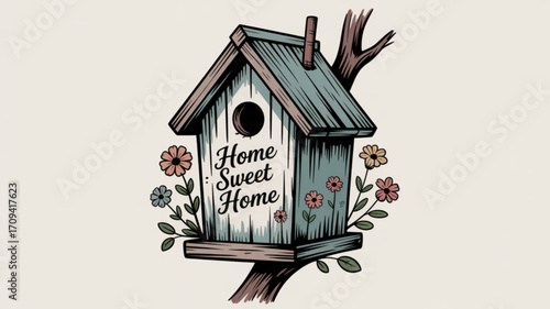 Home sweet home birdhouse vector illustration with flowers and tree branch design for decoration art