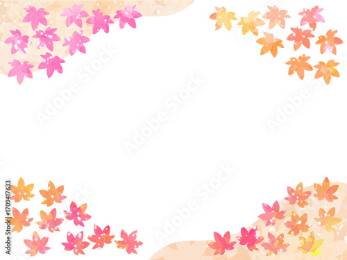 モミジの紅葉イメージの背景素材。水彩風テクスチャー。葉っぱのシルエット。かわいい色調。光の粒子や水滴の輝き。コーナータイプ。左上と右下に山のシルエット。あしらいのあるフレーム。