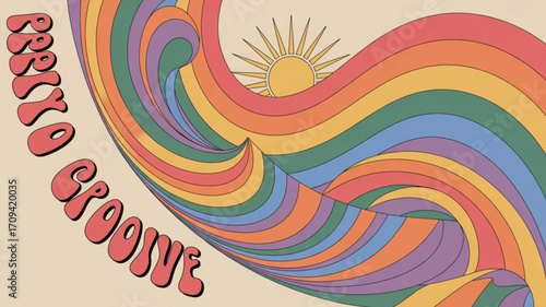 Retro groovy waves with sun graphic vector illustration for vintage aesthetic background design element