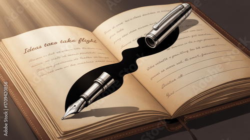 Creative writing concept with fountain pen and open notebook for journaling and idea generation project
