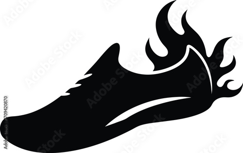 Running Shoe with Fiery Trail Silhouette Vector. Black Sneaker Silhouette with Fire Vector Illustration.