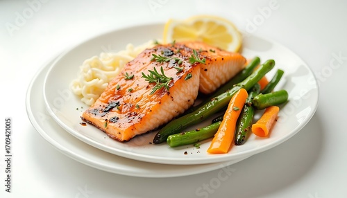 Grilled Salmon Dish with Green Beans and Lemon Slice on White Plate
