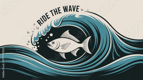 Ride the wave surfing ocean sea fish aquatic adventure summer sport vacation water activity illustration