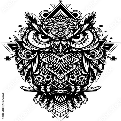Intricate Owl Illustration: A detailed and artistic illustration of an owl, rendered in a monochrome palette, showcasing a complex array of geometric and organic patterns.